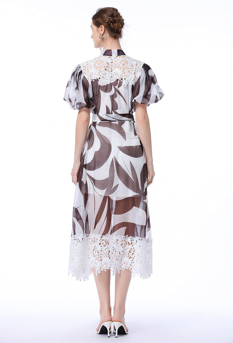 Abstract Print Lace-Trim Midi Shirt Dress with Puff Sleeves