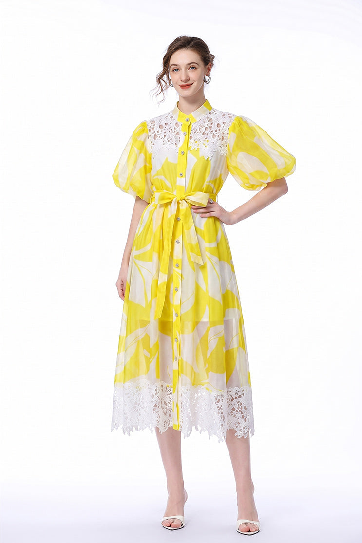 Abstract Print Lace-Trim Midi Shirt Dress with Puff Sleeves