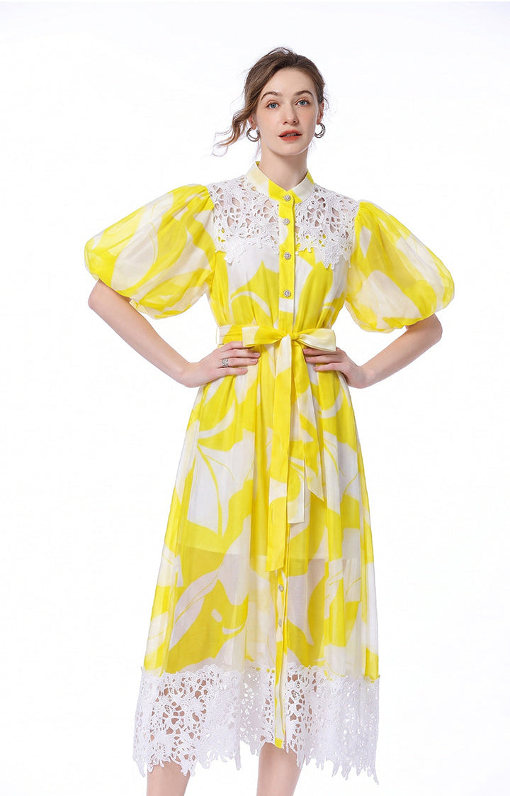Abstract Print Lace-Trim Midi Shirt Dress with Puff Sleeves