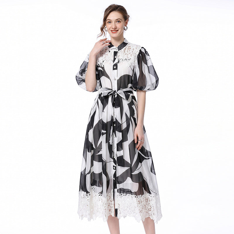 Abstract Print Lace-Trim Midi Shirt Dress with Puff Sleeves