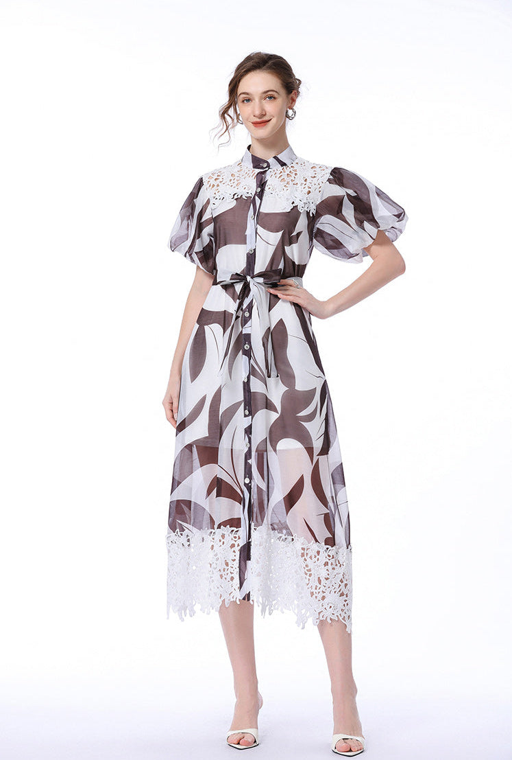 Abstract Print Lace-Trim Midi Shirt Dress with Puff Sleeves