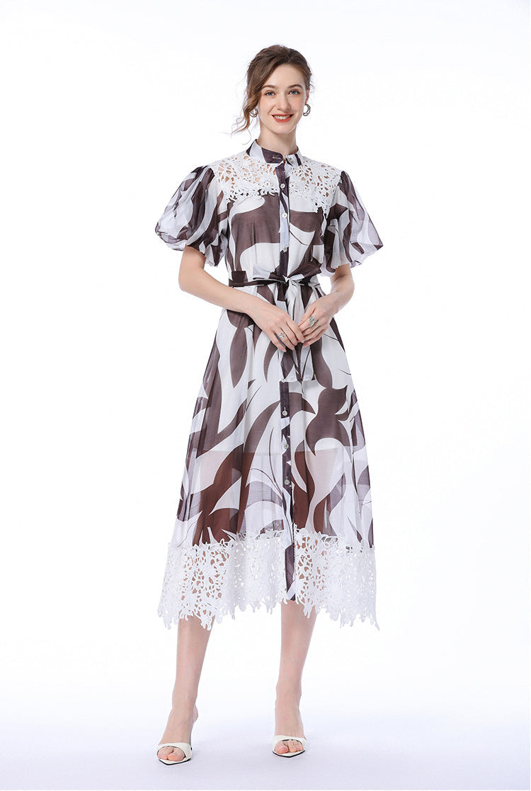 Abstract Print Lace-Trim Midi Shirt Dress with Puff Sleeves