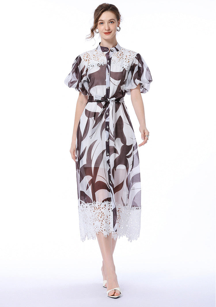 Abstract Print Lace-Trim Midi Shirt Dress with Puff Sleeves