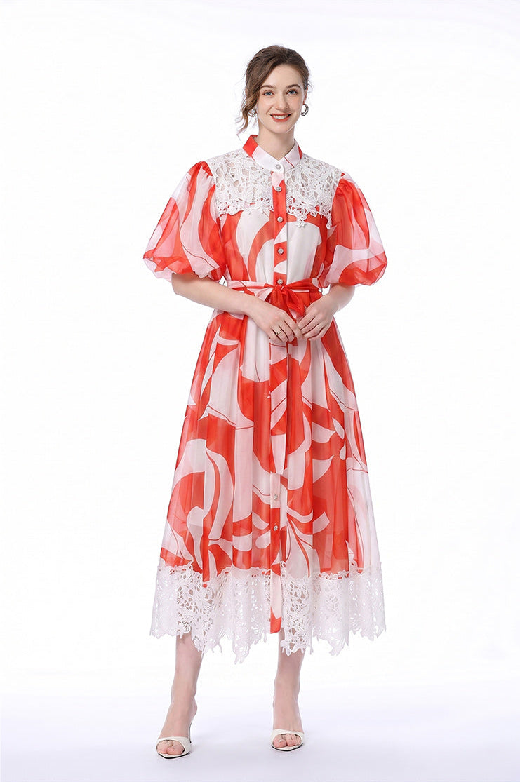 Abstract Print Lace-Trim Midi Shirt Dress with Puff Sleeves