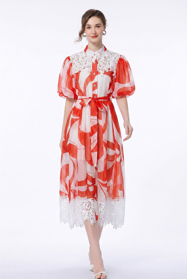 Abstract Print Lace-Trim Midi Shirt Dress with Puff Sleeves