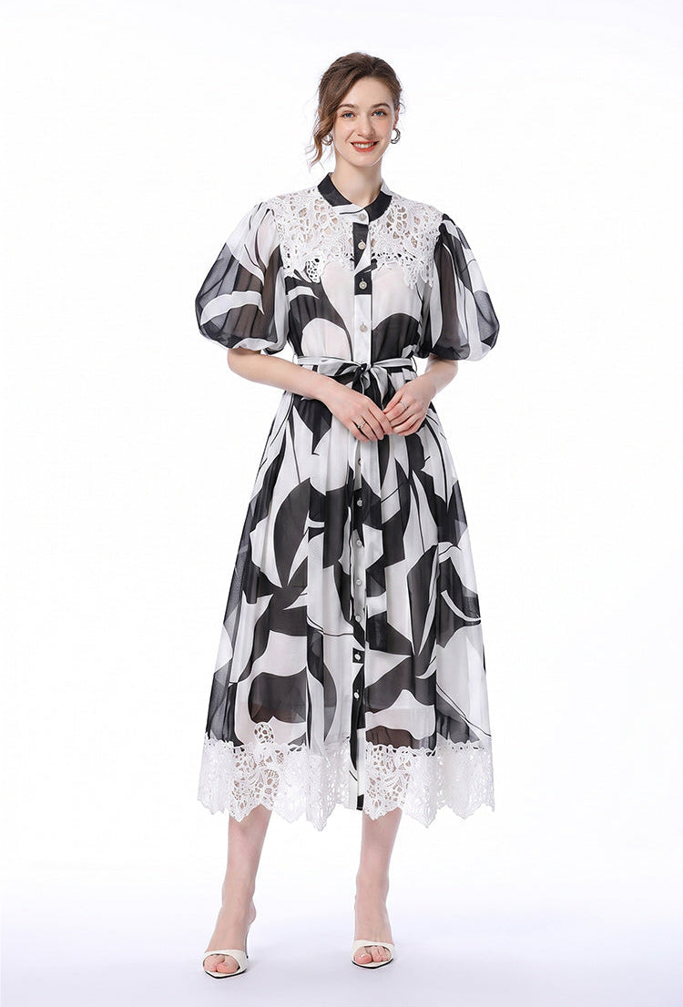 Abstract Print Lace-Trim Midi Shirt Dress with Puff Sleeves