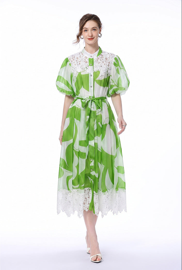 Abstract Print Lace-Trim Midi Shirt Dress with Puff Sleeves