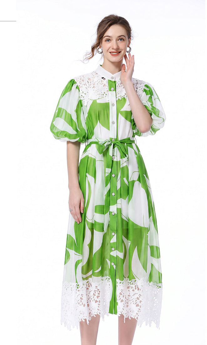 Abstract Print Lace-Trim Midi Shirt Dress with Puff Sleeves