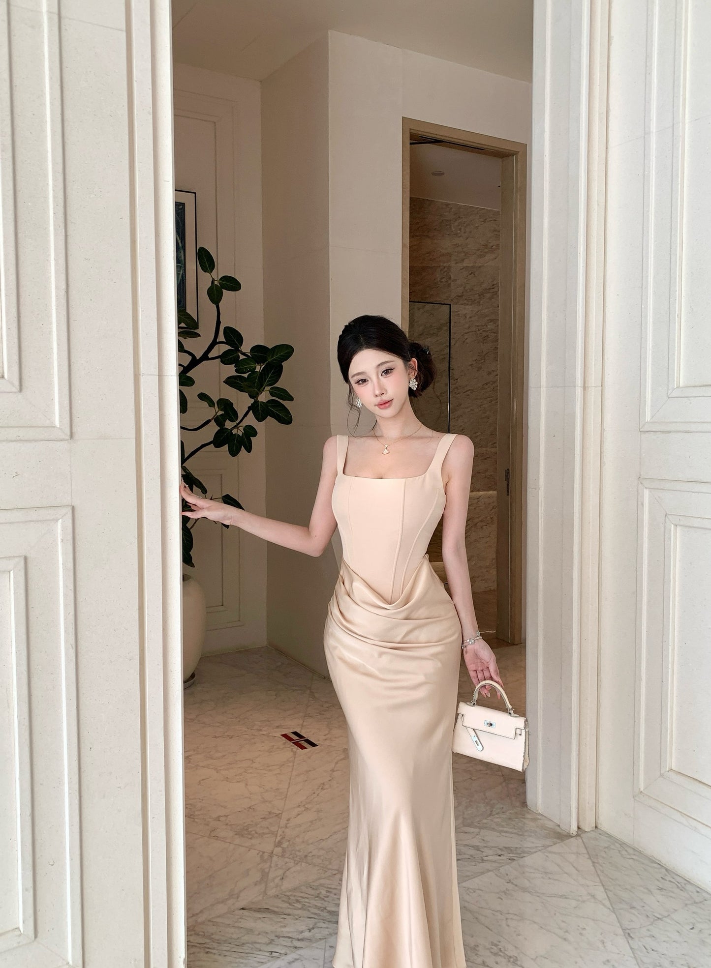Adeline Corset Square-Neck Satin Draped Gown