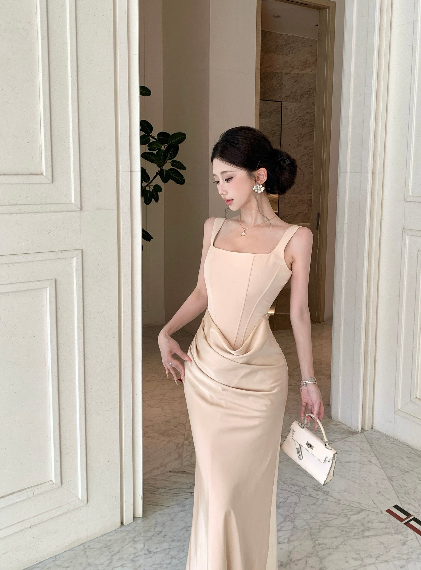 Adeline Corset Square-Neck Satin Draped Gown