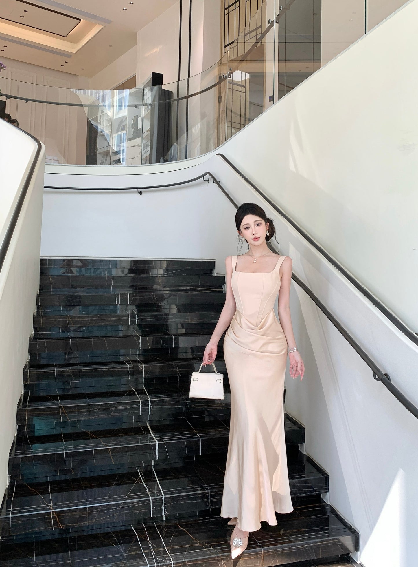 Adeline Corset Square-Neck Satin Draped Gown