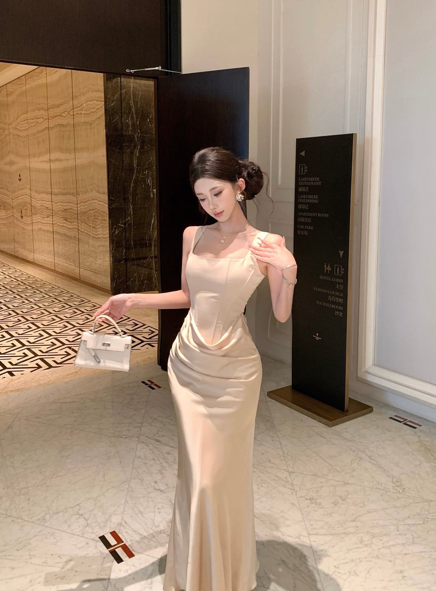 Adeline Corset Square-Neck Satin Draped Gown