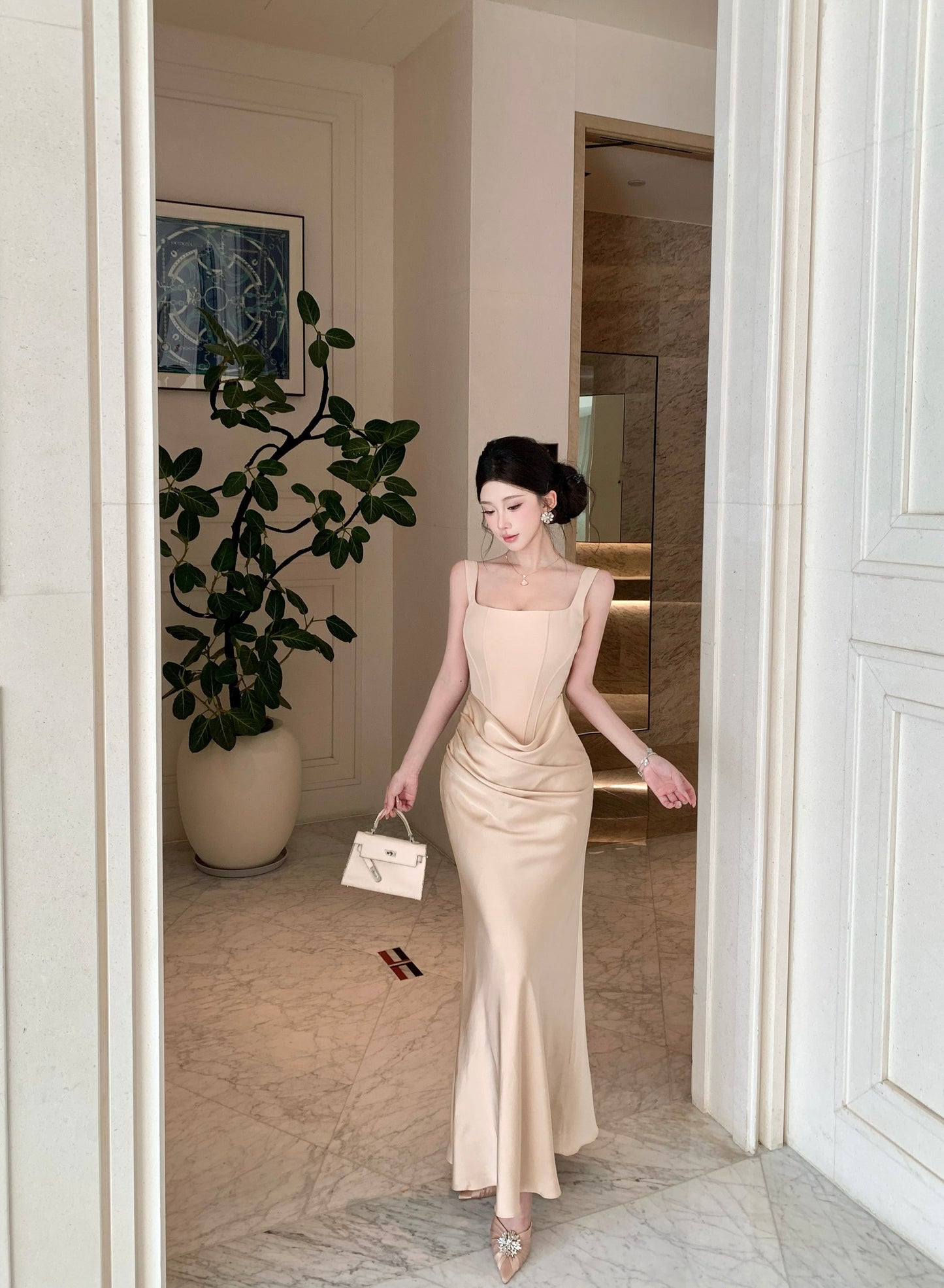 Adeline Corset Square-Neck Satin Draped Gown
