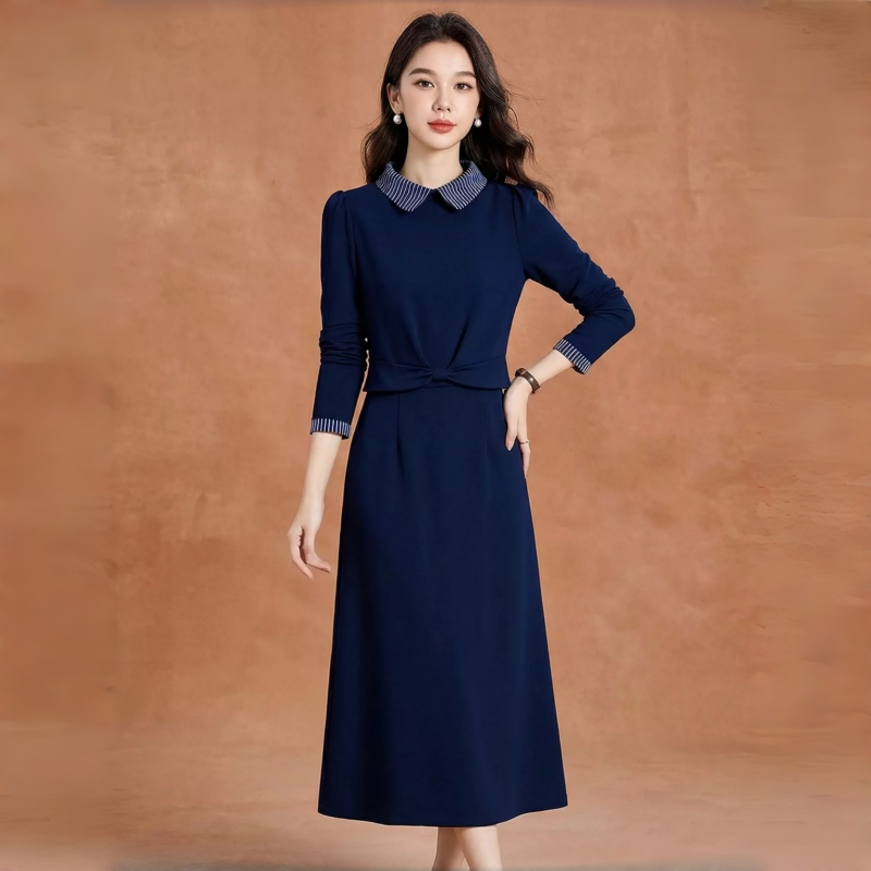 Adeline Striped Peter Pan Collar Navy Midi Dress
