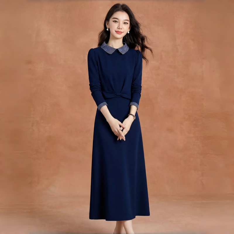 Adeline Striped Peter Pan Collar Navy Midi Dress
