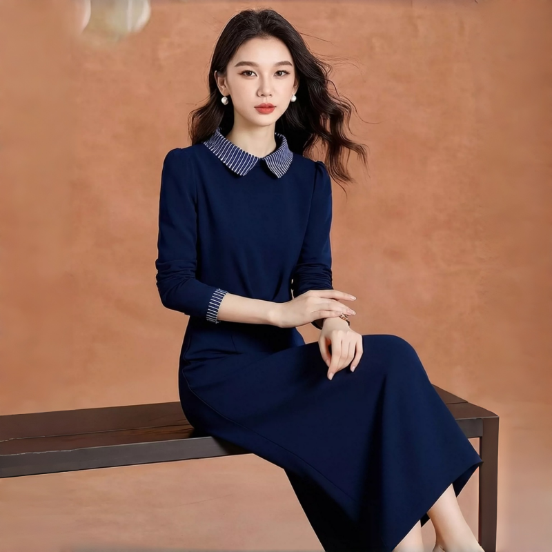 Adeline Striped Peter Pan Collar Navy Midi Dress