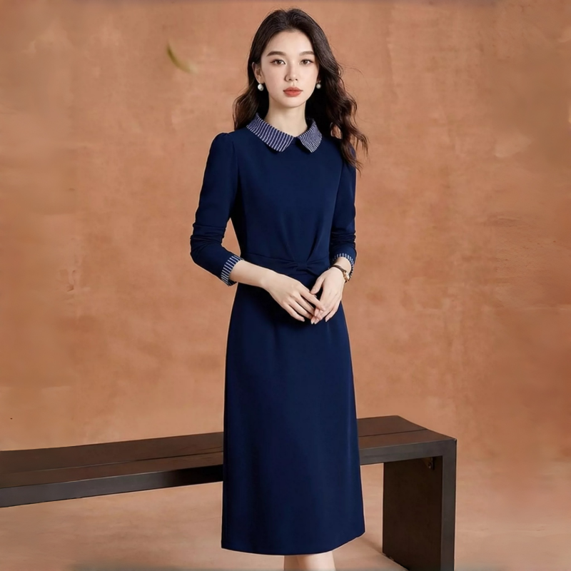 Adeline Striped Peter Pan Collar Navy Midi Dress