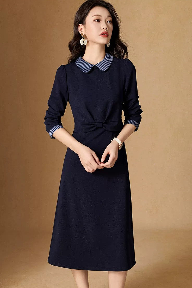 Adeline Striped Peter Pan Collar Navy Midi Dress