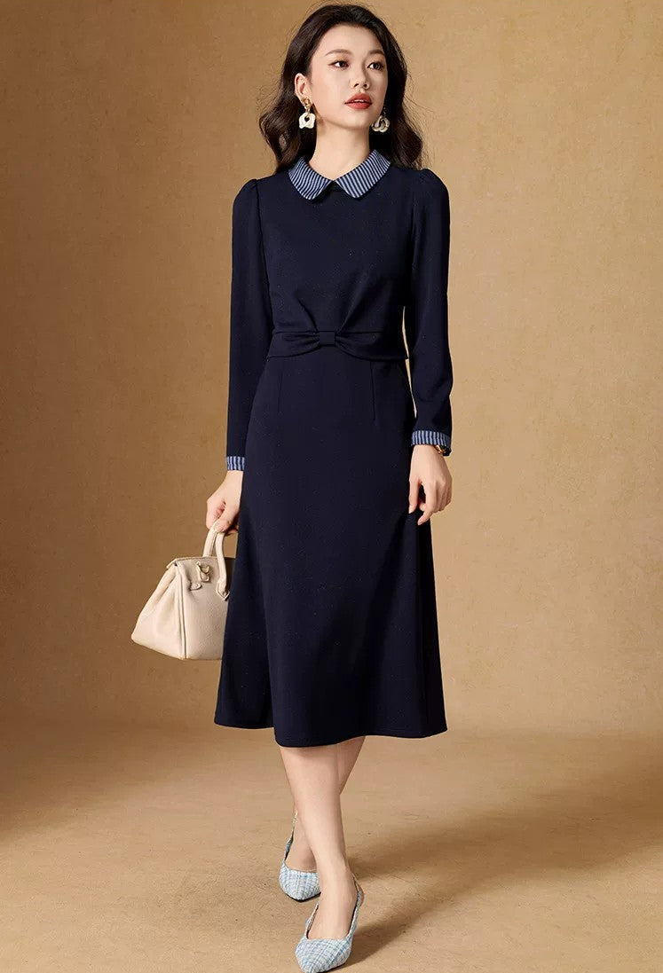 Adeline Striped Peter Pan Collar Navy Midi Dress