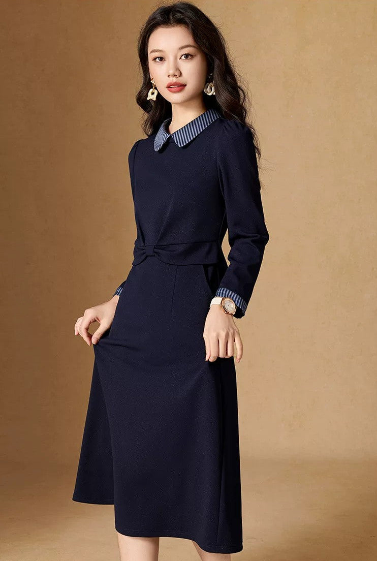 Adeline Striped Peter Pan Collar Navy Midi Dress
