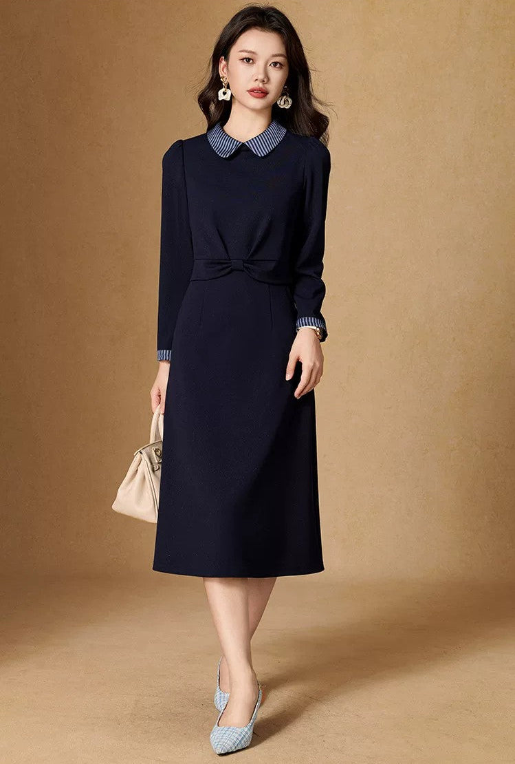 Adeline Striped Peter Pan Collar Navy Midi Dress
