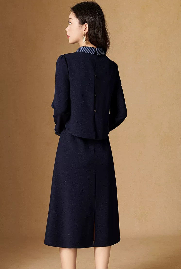 Adeline Striped Peter Pan Collar Navy Midi Dress