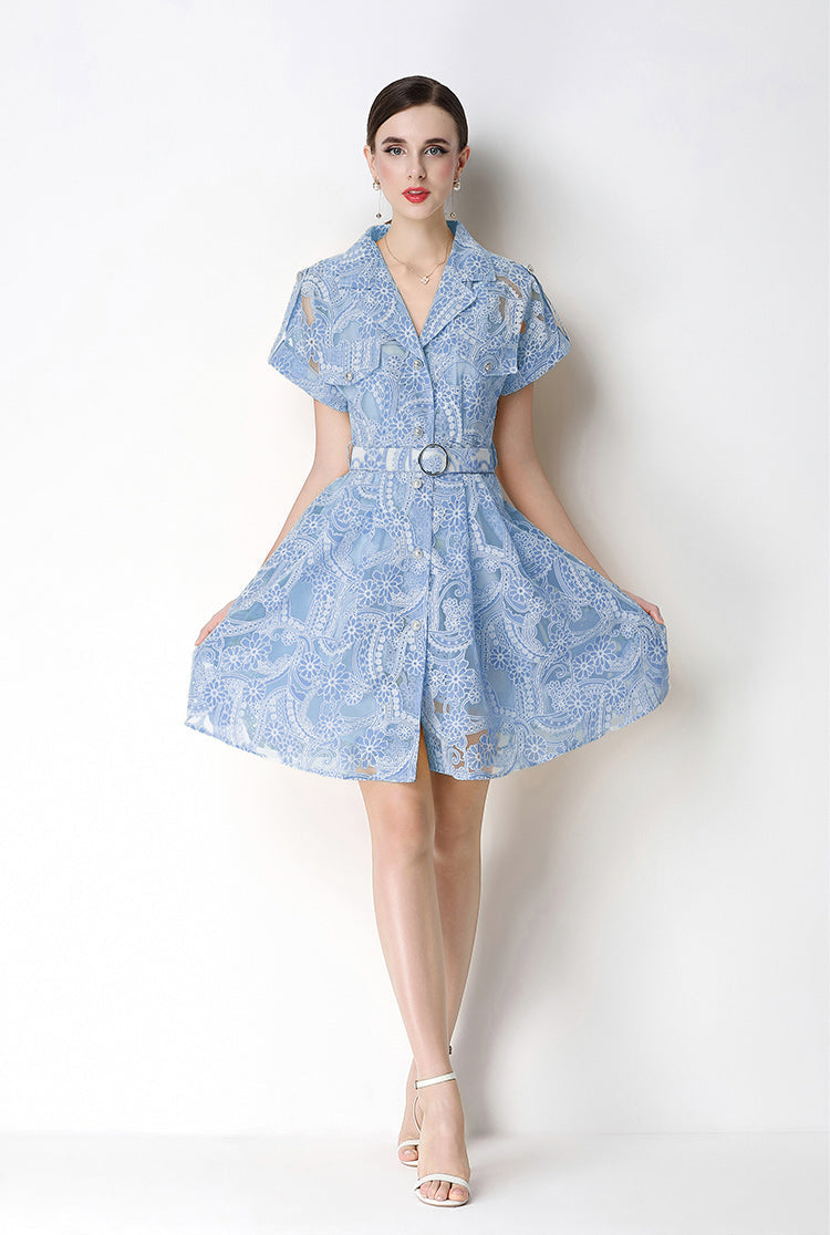 Retro Notch-Lapel Lace Mini Shirt Dress