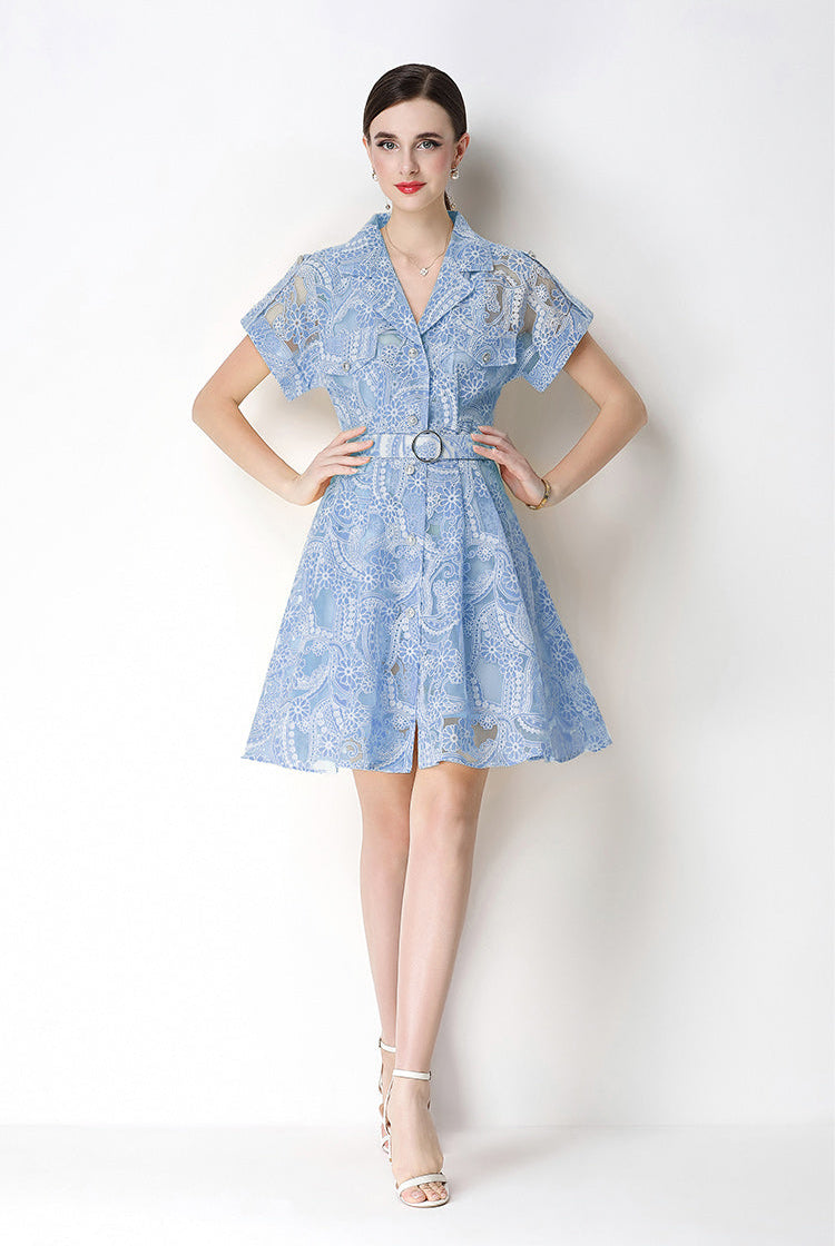 Retro Notch-Lapel Lace Mini Shirt Dress