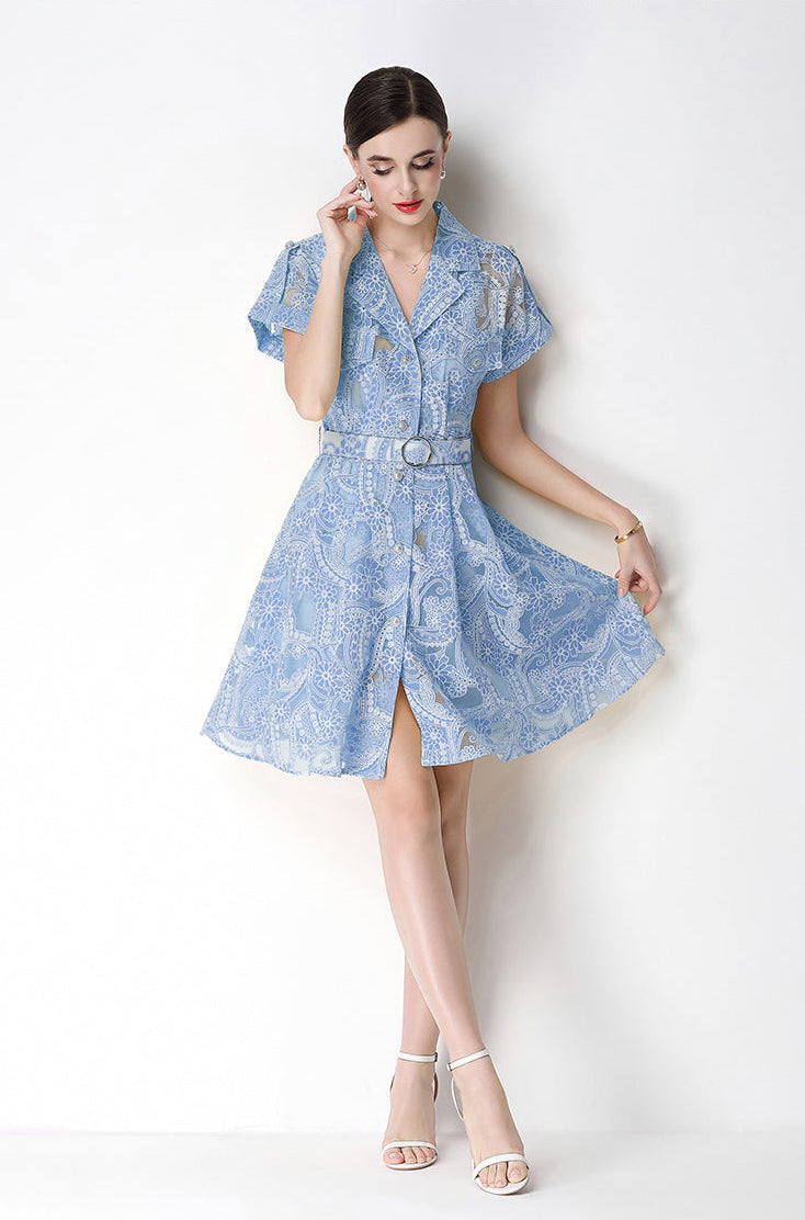 Retro Notch-Lapel Lace Mini Shirt Dress