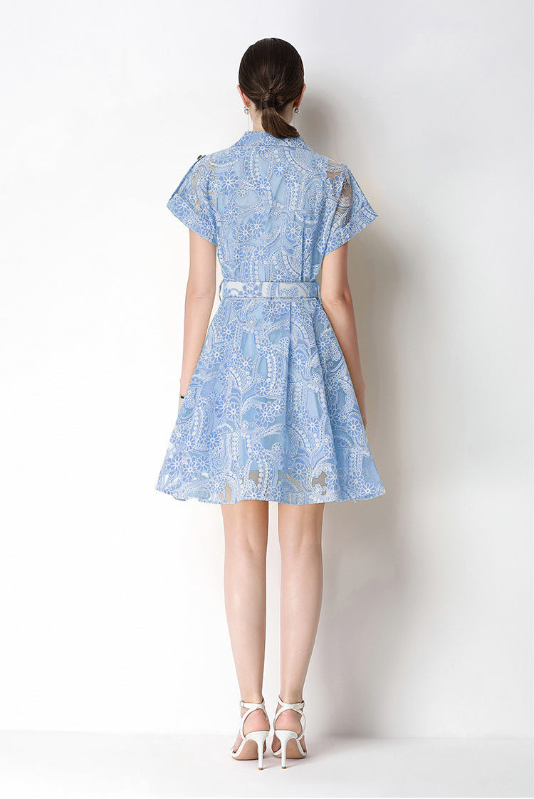 Retro Notch-Lapel Lace Mini Shirt Dress