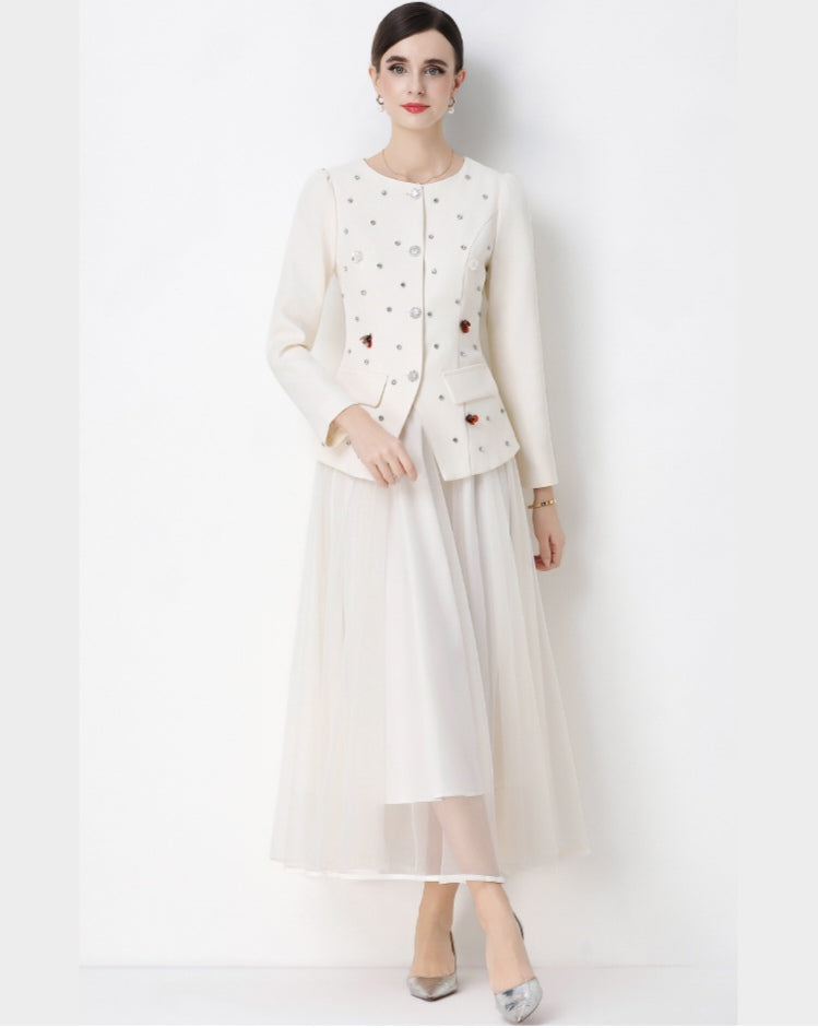 Round Neck Suit Jacket with Rhinestone embellishments and Mesh Skirt Set