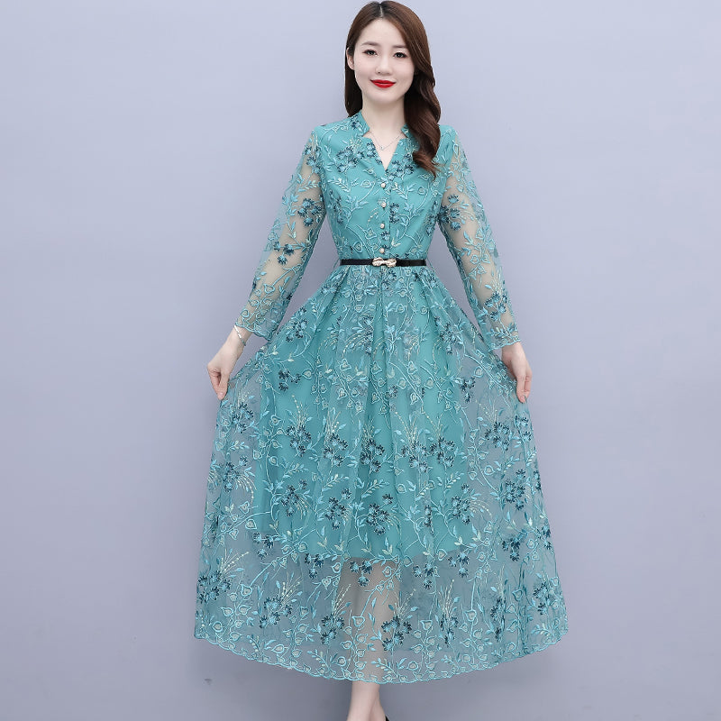 Aqua Teal Floral Lace Maxi Dress – Long Sleeve Button-Down Belted Mesh Dress