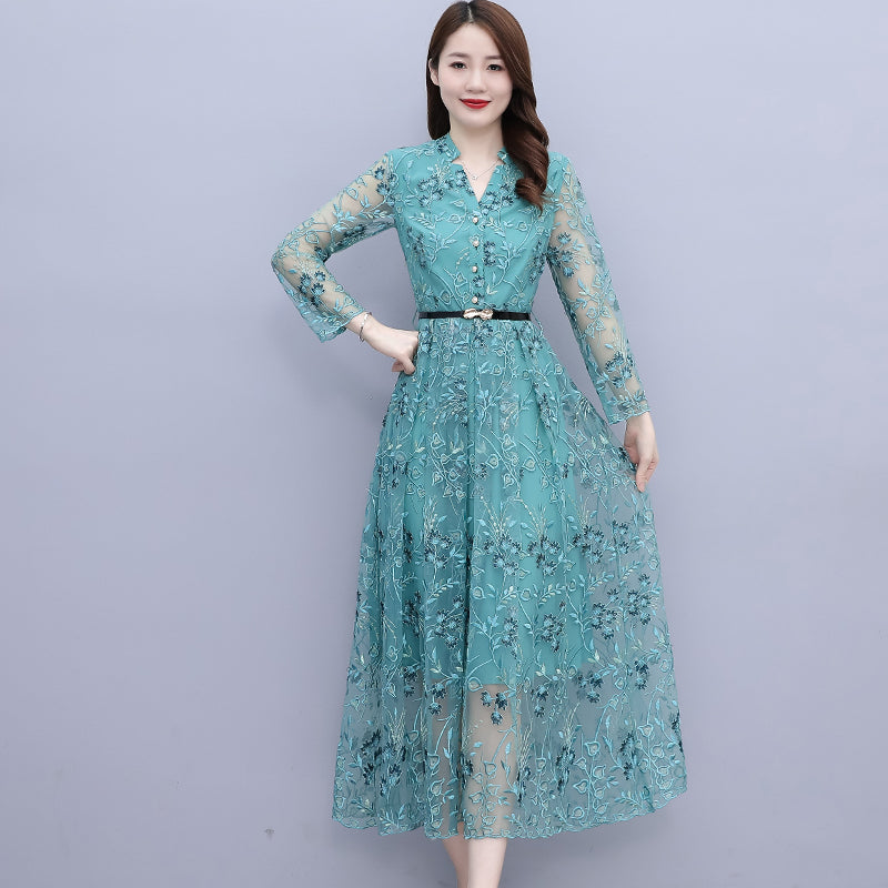 Aqua Teal Floral Lace Maxi Dress – Long Sleeve Button-Down Belted Mesh Dress