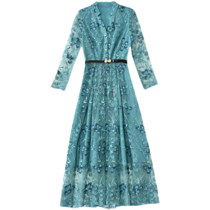 Aqua Teal Floral Lace Maxi Dress – Long Sleeve Button-Down Belted Mesh Dress