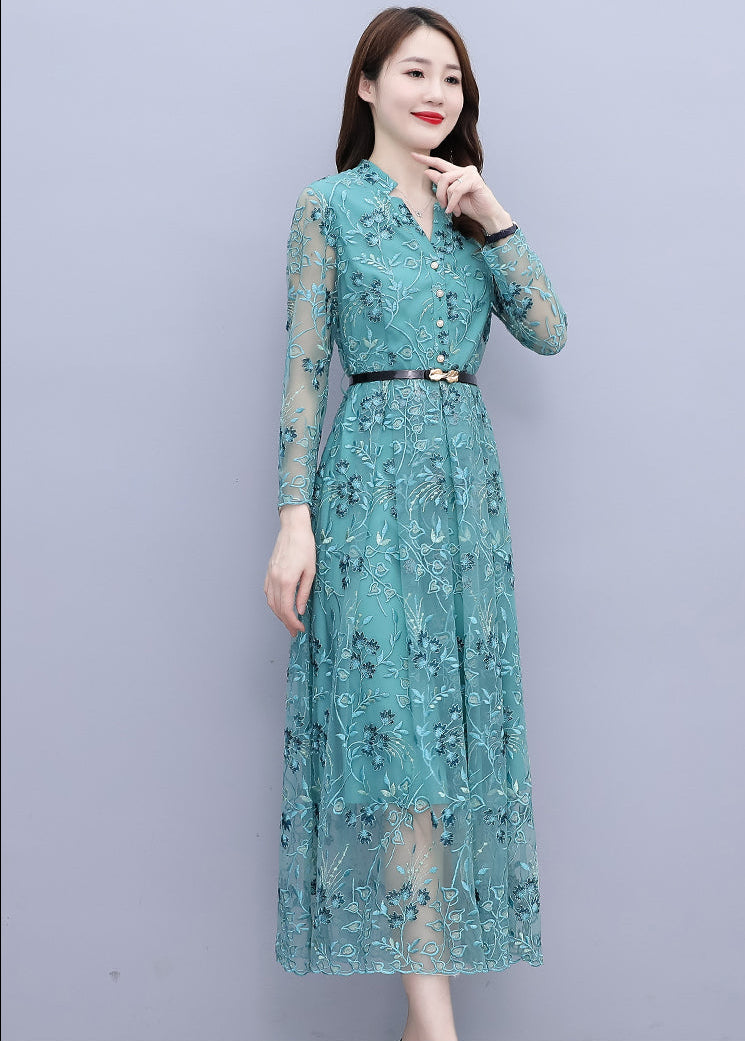 Aqua Teal Floral Lace Maxi Dress – Long Sleeve Button-Down Belted Mesh Dress