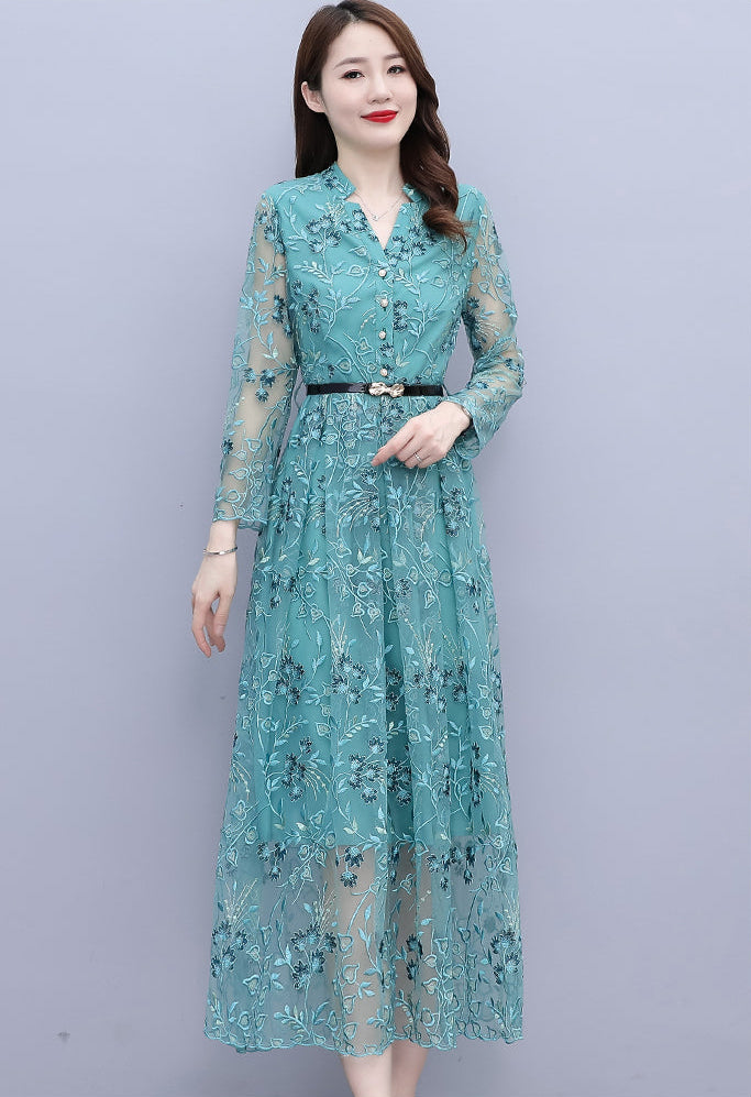 Aqua Teal Floral Lace Maxi Dress – Long Sleeve Button-Down Belted Mesh Dress