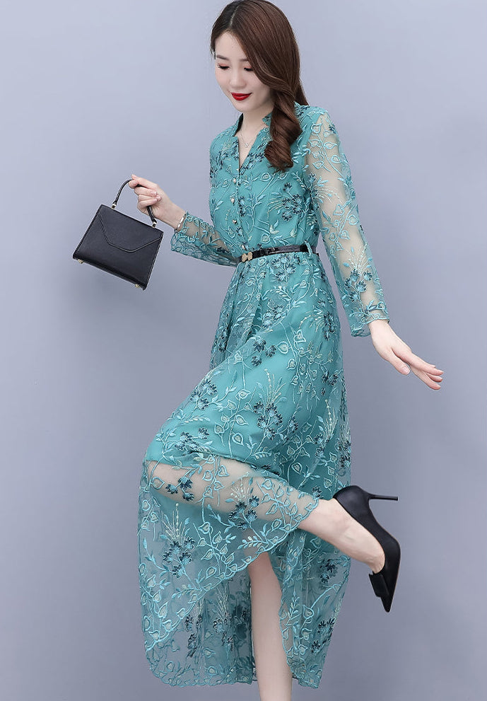 Aqua Teal Floral Lace Maxi Dress – Long Sleeve Button-Down Belted Mesh Dress
