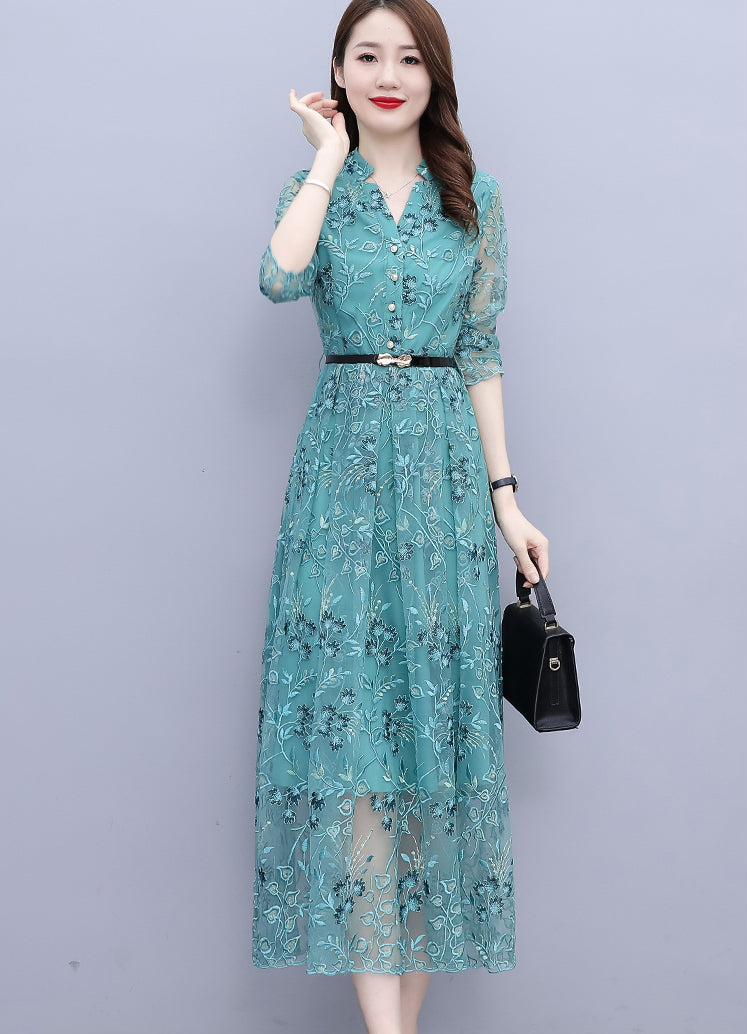 Aqua Teal Floral Lace Maxi Dress – Long Sleeve Button-Down Belted Mesh Dress