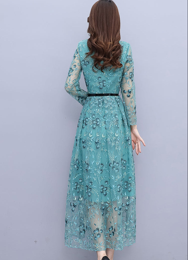 Aqua Teal Floral Lace Maxi Dress – Long Sleeve Button-Down Belted Mesh Dress