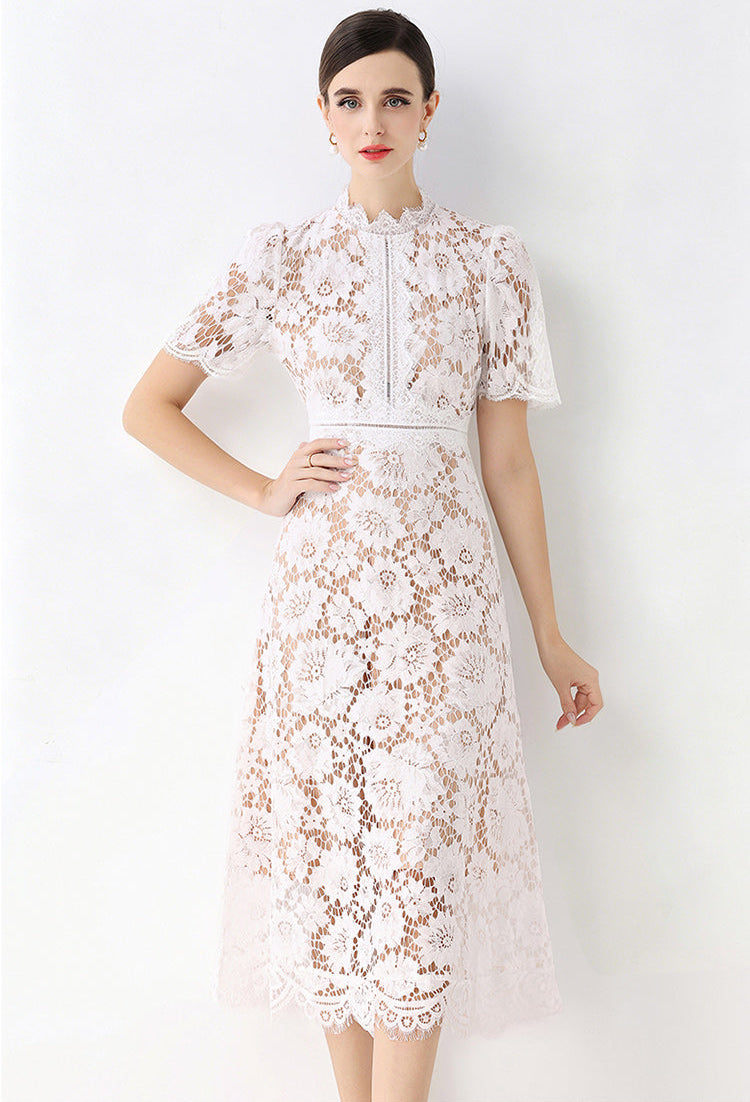 Floral Lace Mock Neck Short Sleeve Midi Dress