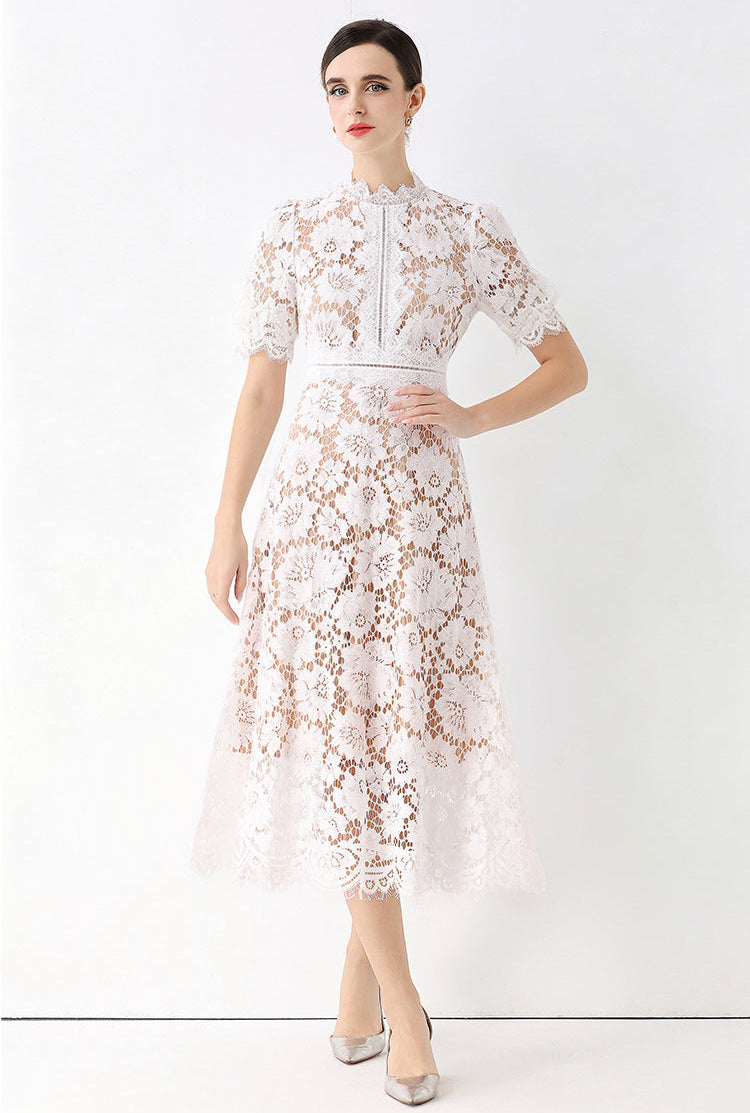 Floral Lace Mock Neck Short Sleeve Midi Dress