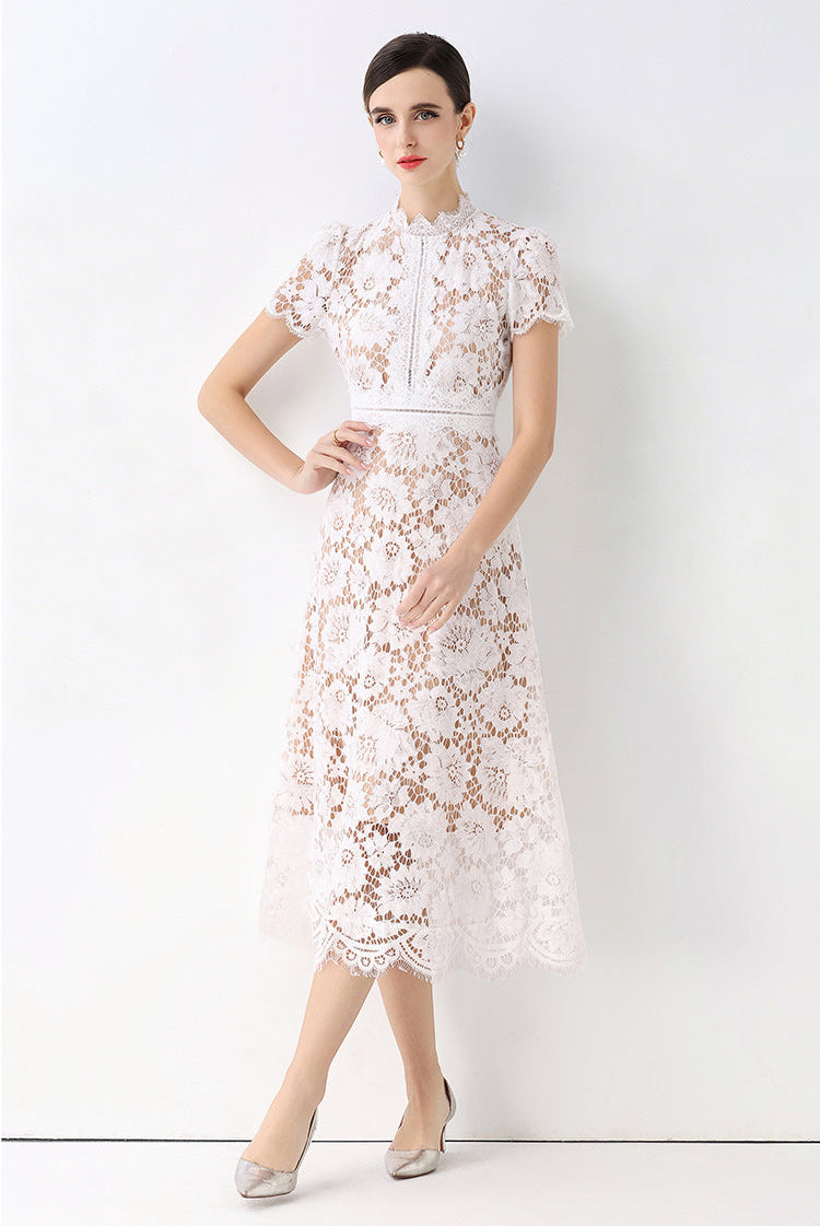 Floral Lace Mock Neck Short Sleeve Midi Dress