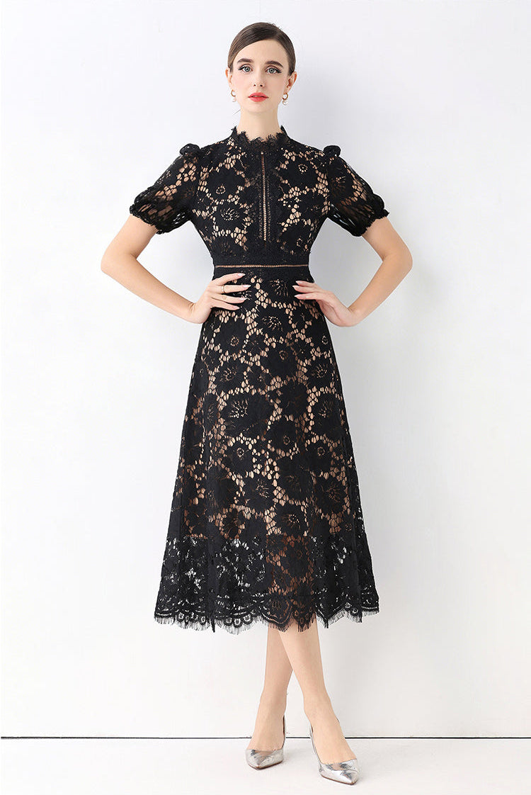Floral Lace Mock Neck Short Sleeve Midi Dress