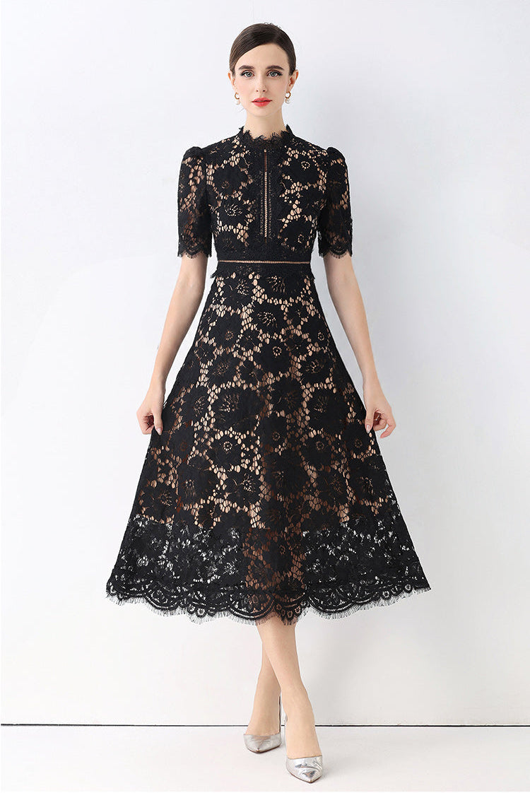 Floral Lace Mock Neck Short Sleeve Midi Dress