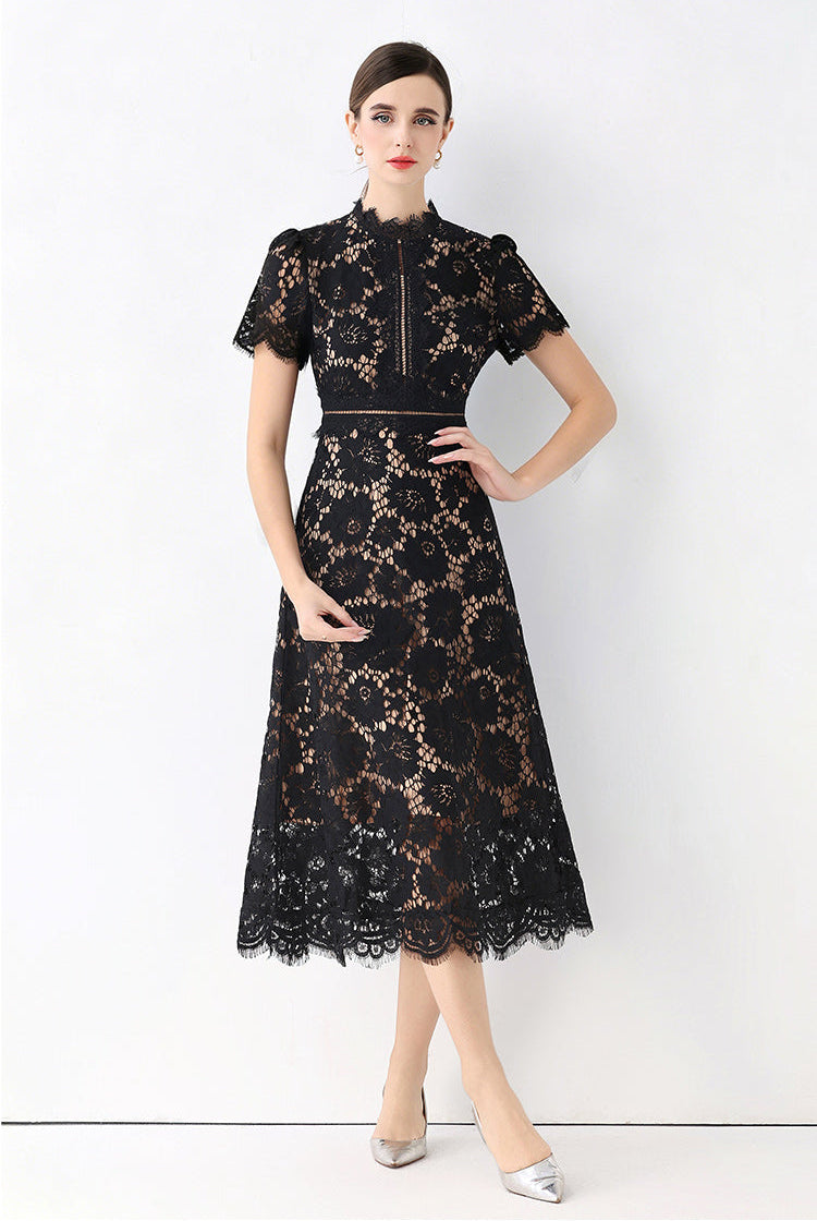 Floral Lace Mock Neck Short Sleeve Midi Dress