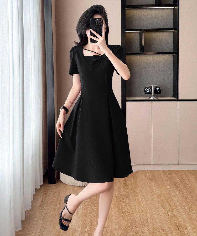 Plus Size Asymmetric Neckline Dress-Elegant A-Line Cocktail Dress With Bow Detail