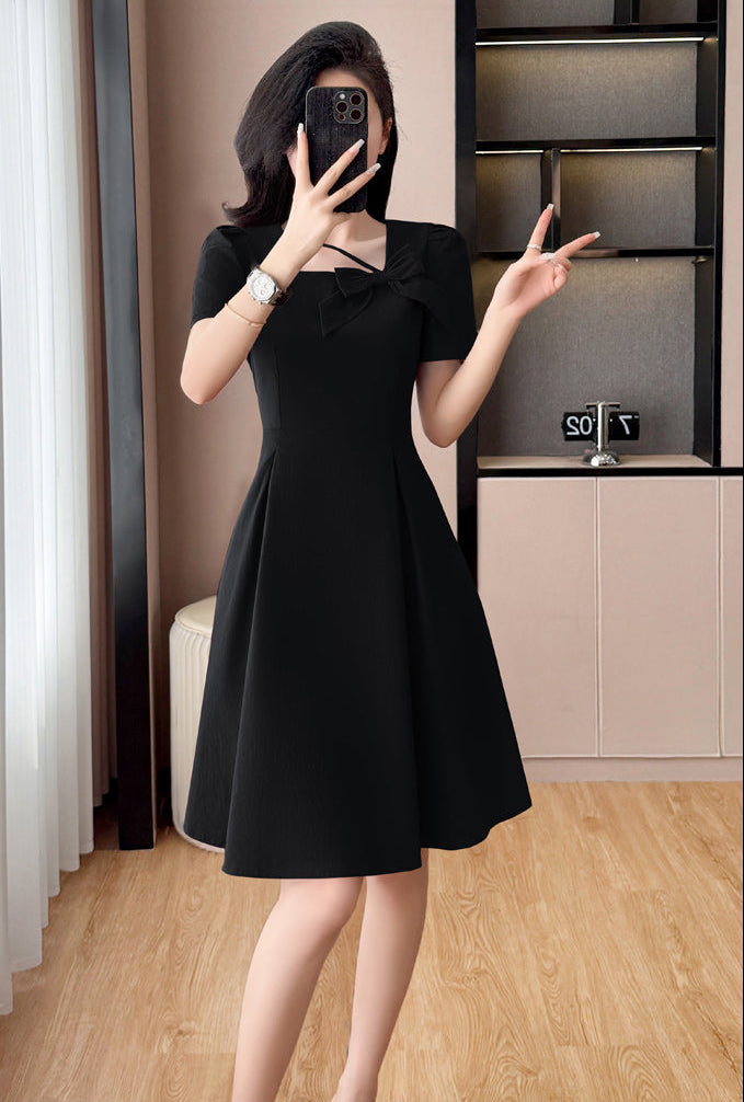 Plus Size Asymmetric Neckline Dress-Elegant A-Line Cocktail Dress With Bow Detail