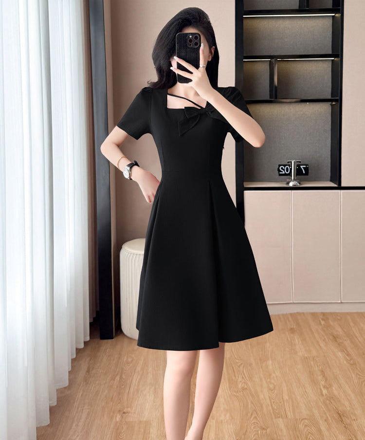 Plus Size Asymmetric Neckline Dress-Elegant A-Line Cocktail Dress With Bow Detail