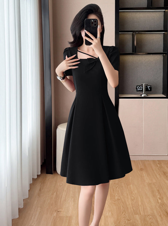 Plus Size Asymmetric Neckline Dress-Elegant A-Line Cocktail Dress With Bow Detail