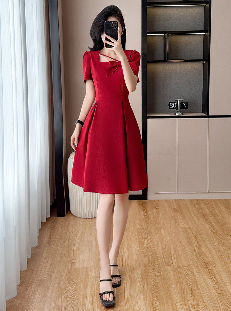 Plus Size Asymmetric Neckline Dress-Elegant A-Line Cocktail Dress With Bow Detail